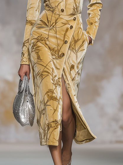 Retro Leaf Print Round Neck Velvet Button Midi Dress