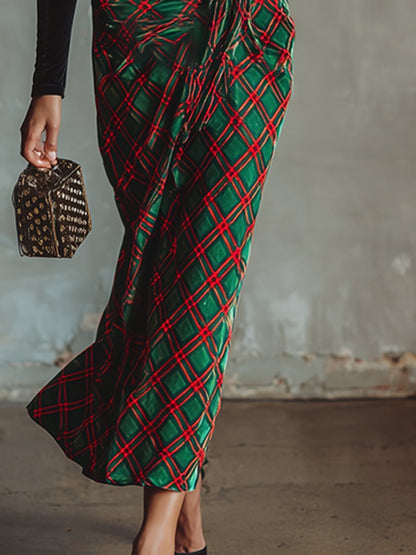 Retro Elegant Plaid Print Black Velvet Maxi Dress