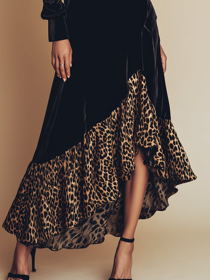 High-end Western-style Irregular Leopard Print Hem Black Velvet Maxi Dress