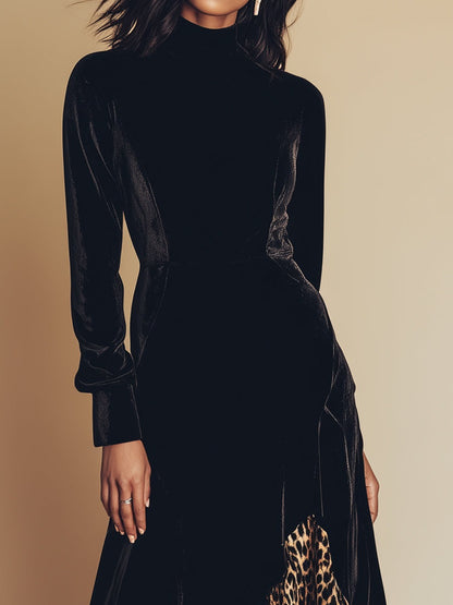 High-end Western-style Irregular Leopard Print Hem Black Velvet Maxi Dress