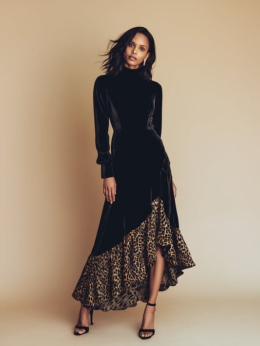 High-end Western-style Irregular Leopard Print Hem Black Velvet Maxi Dress