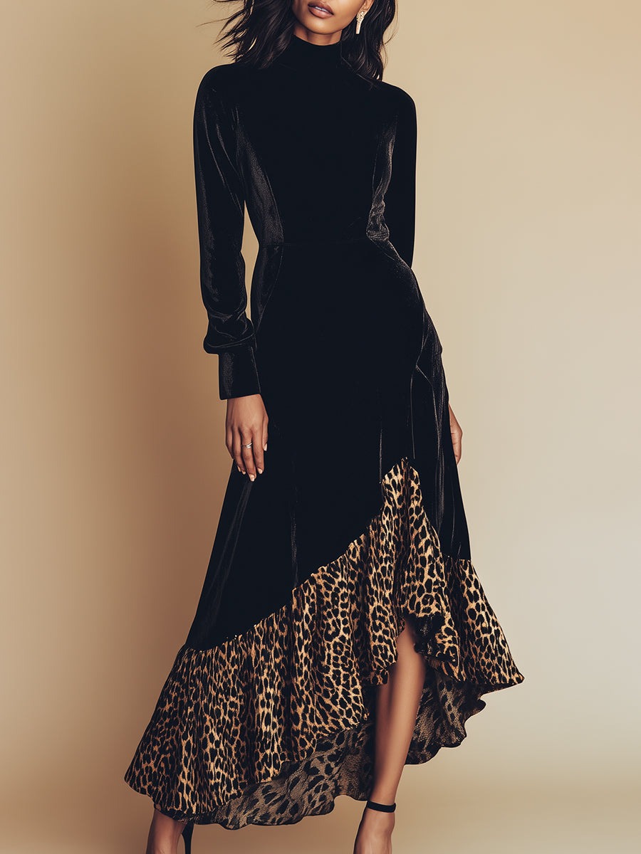 High-end Western-style Irregular Leopard Print Hem Black Velvet Maxi Dress