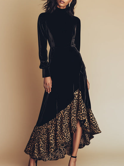 High-end Western-style Irregular Leopard Print Hem Black Velvet Maxi Dress