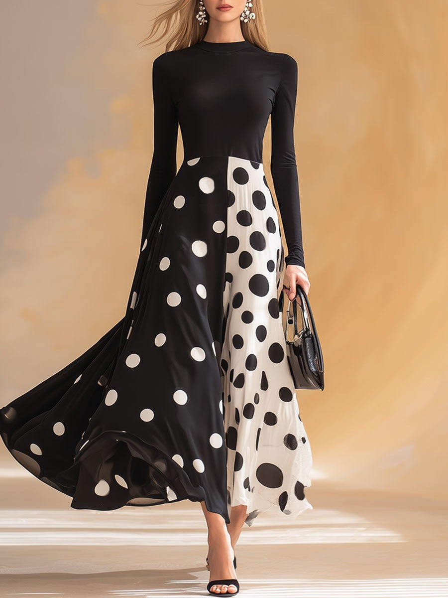Stylish Retro Black And White Polka Dot Maxi Dress