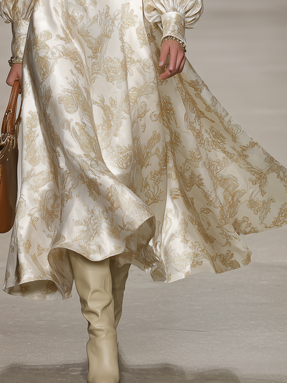 Stylish Elegant V-neck Lantern Sleeve Satin Midi Dress