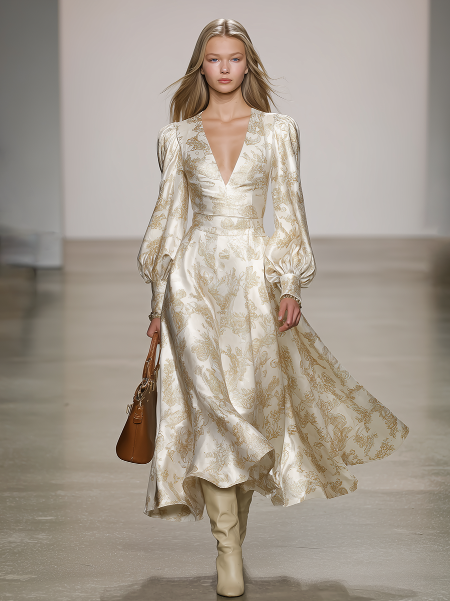 Stylish Elegant V-neck Lantern Sleeve Satin Midi Dress