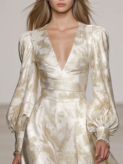 Stylish Elegant V-neck Lantern Sleeve Satin Midi Dress