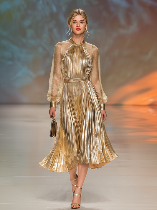 Elegant Stylish Round Neck Pleated Midi Dress