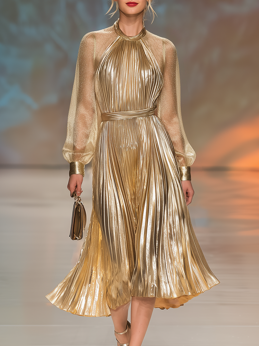 Elegant Stylish Round Neck Pleated Midi Dress