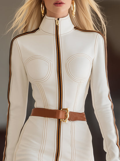 Stylish And Unique Zipper And Visible Stitching White Stand-up Collar Mini Dress