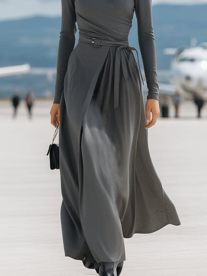 High-neck Casual Gray Tie-up Maxi Dress