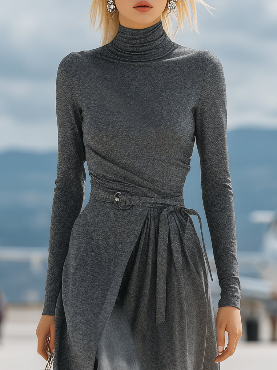 High-neck Casual Gray Tie-up Maxi Dress