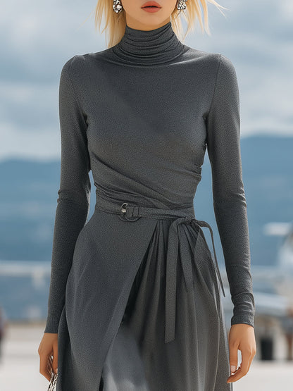 High-neck Casual Gray Tie-up Maxi Dress