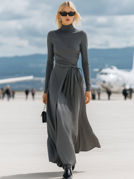 High-neck Casual Gray Tie-up Maxi Dress