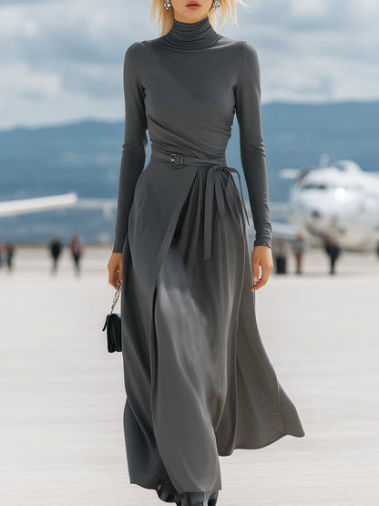 High-neck Casual Gray Tie-up Maxi Dress