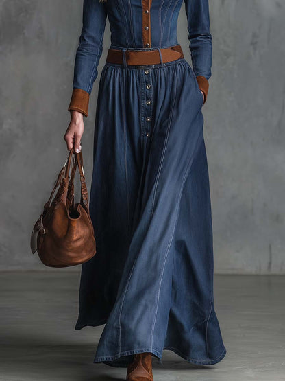 Elegant Retro Western Front Button Brown Suede Trim Dark Blue Denim Maxi Dress