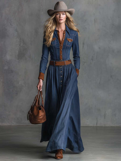Elegant Retro Western Front Button Brown Suede Trim Dark Blue Denim Maxi Dress