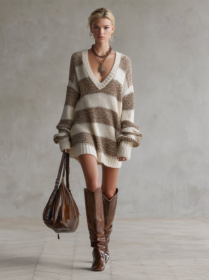 Trendy Variegated Khaki Striped Knit Mini Dress