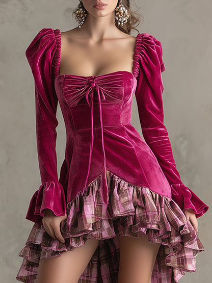 Fashionable Retro Rose Red Velvet Plaid Ruffled Irregular Midi Dress