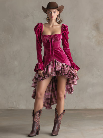 Fashionable Retro Rose Red Velvet Plaid Ruffled Irregular Midi Dress