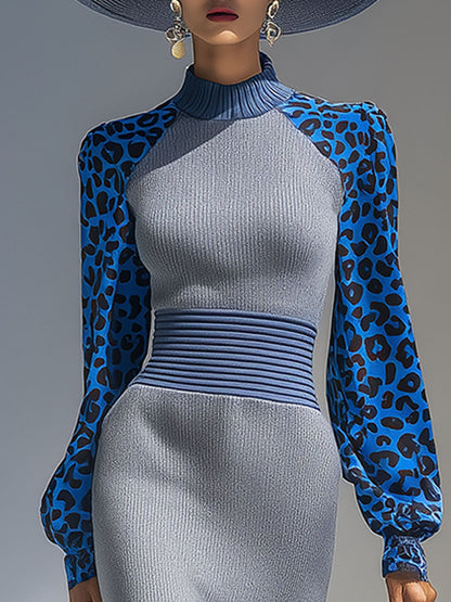 Stylish And Casual Blue Leopard Print And Gray Knitted Midi Dress