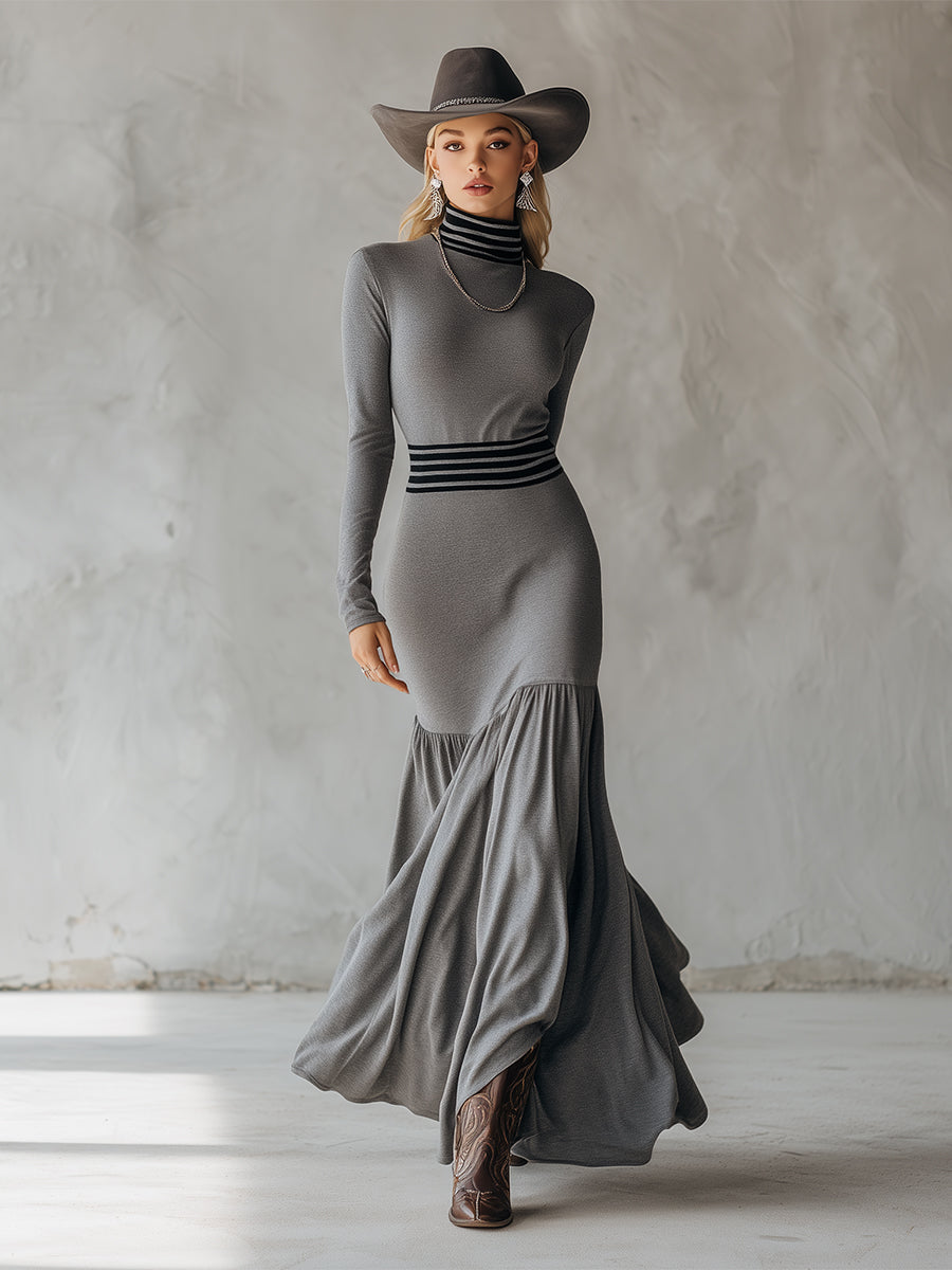 Stylish And Sexy Sporty Striped Gray Cotton Maxi Dress