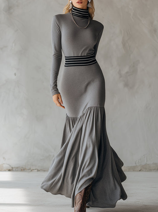 Stylish And Sexy Sporty Striped Gray Cotton Maxi Dress