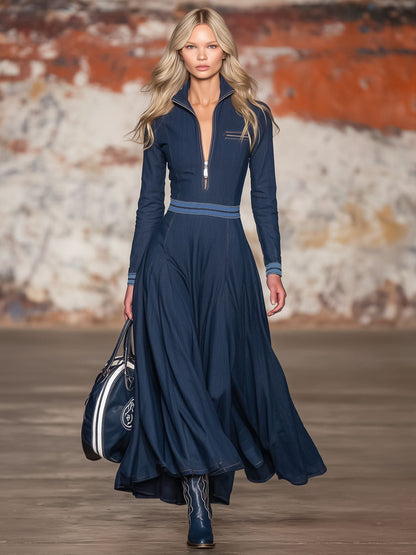 Stand-up Collar Half-zip Color-blocked Ribbed Denim Maxi Dress