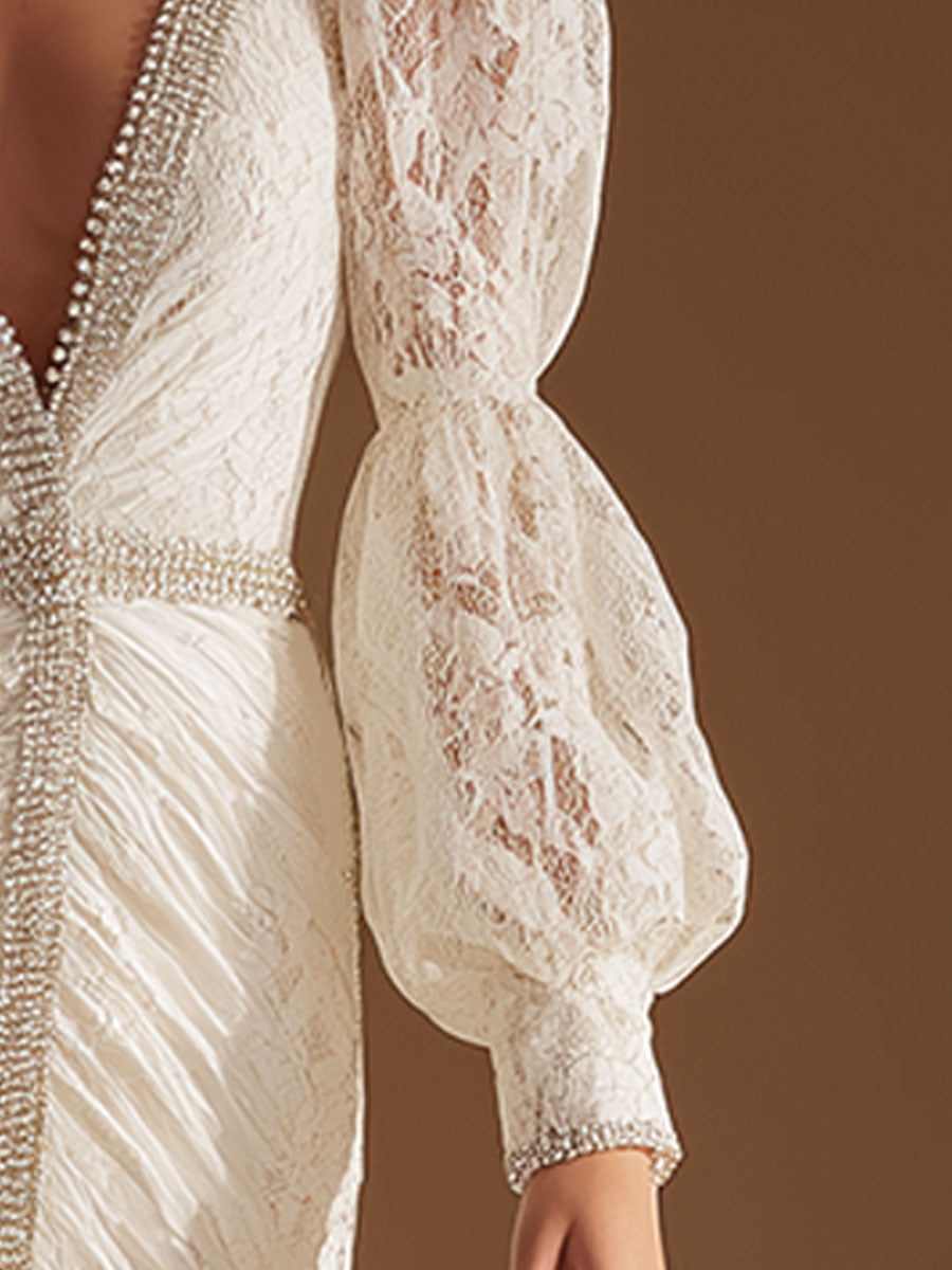 Stylish Vintage V-neck White Lace Midi Dress