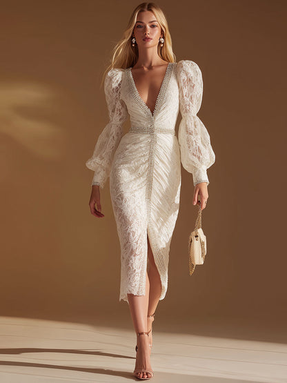 Stylish Vintage V-neck White Lace Midi Dress