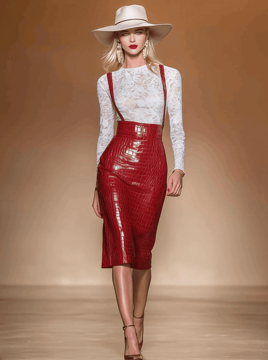 Western-style Vintage Red Crocodile-patterned Strap Skirt