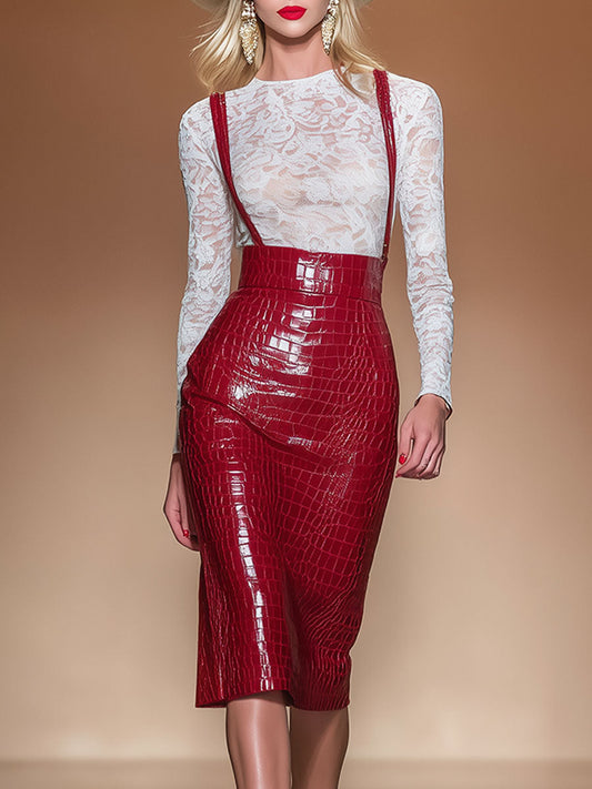 Western-style Vintage Red Crocodile-patterned Strap Skirt