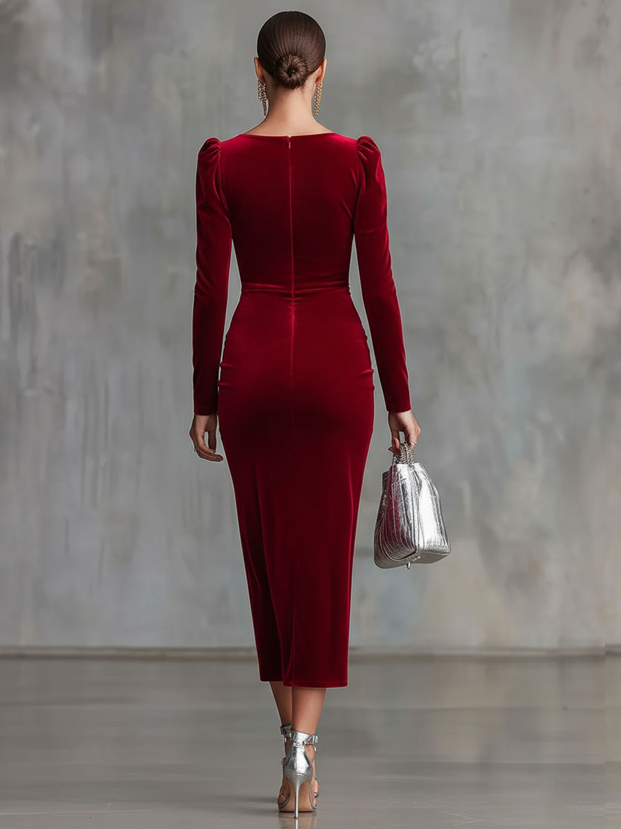 Elegant Round Neck Button-down Side Slit Long Sleeve Velvet Midi Dress