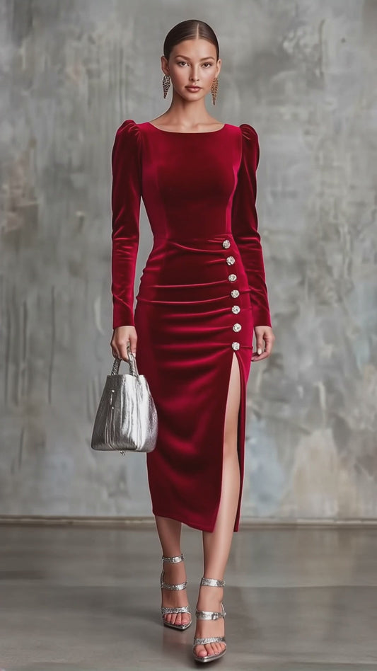 Elegant Round Neck Button-down Side Slit Long Sleeve Velvet Midi Dress