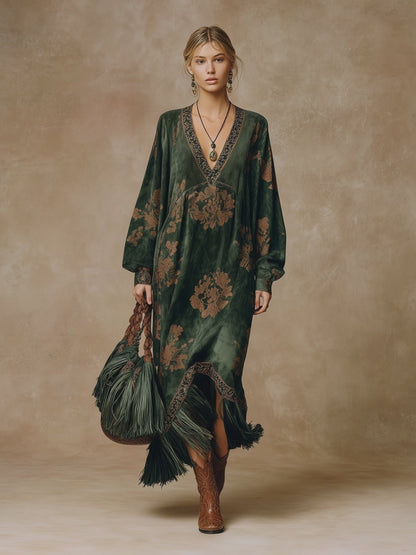 Retro Silhouette Printed Green Faux Suede Tassel Maxi Dress