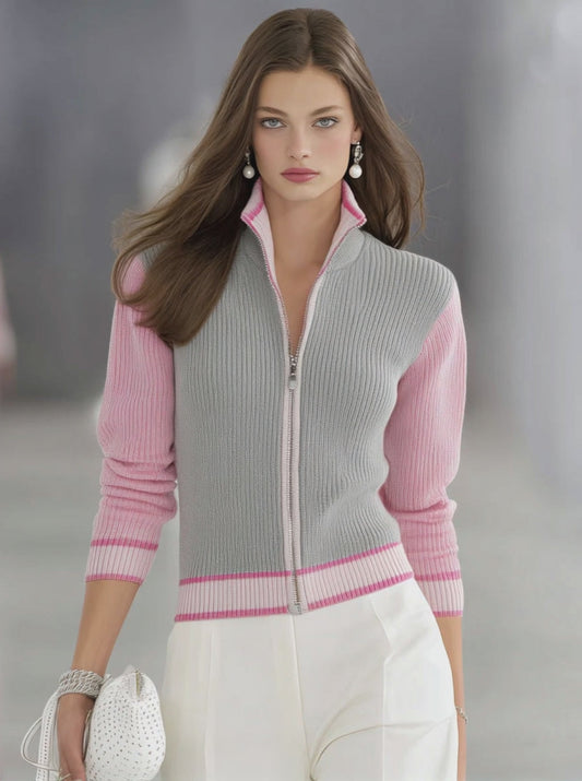 Stand Collar Zipper Contrast Color Knitted Cardigan