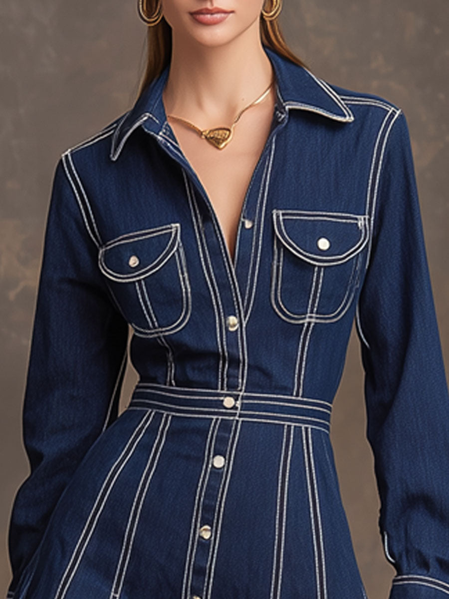 Retro Long-sleeved Dark Blue Denim A-line Mini Dress