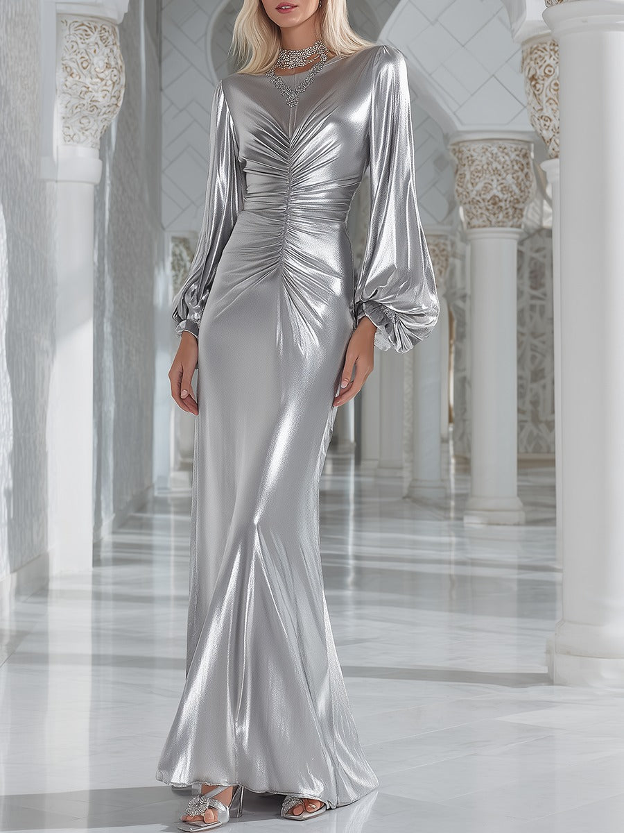 Chic Futuristic Ruched Silver Maxi Dress