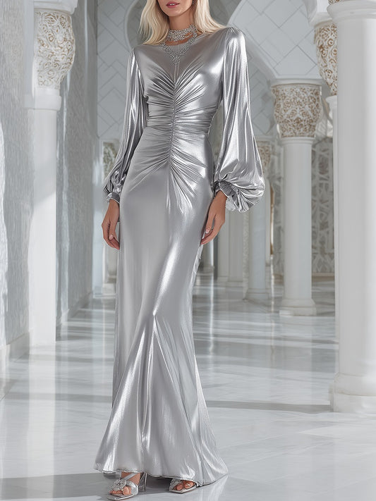 Chic Futuristic Ruched Silver Maxi Dress