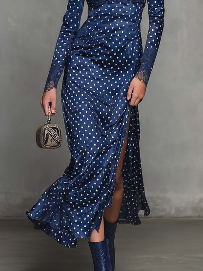 Elegant Retro Exquisite Diamond Collar Lace Trim Dark Blue Polka-dot Satin Slit Midi Dress