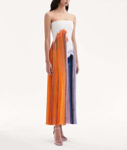 Strapless Gradient Print Fringe Midi Dress
