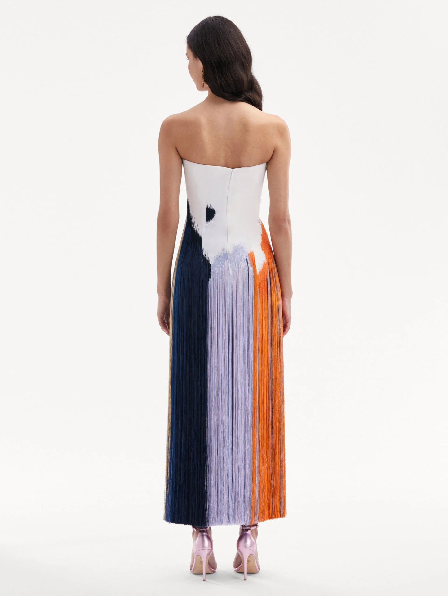 Strapless Gradient Print Fringe Midi Dress