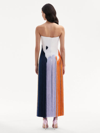 Strapless Gradient Print Fringe Midi Dress