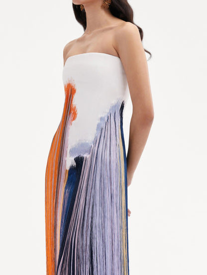 Strapless Gradient Print Fringe Midi Dress