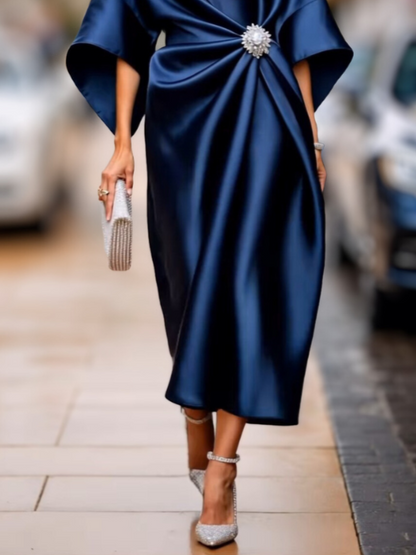 Satin Boat Neck Twist-Front Midi Dress
