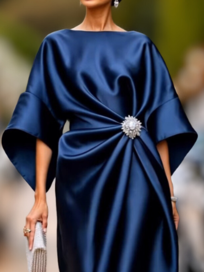 Satin Boat Neck Twist-Front Midi Dress