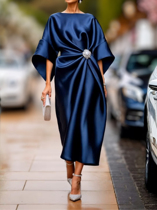 Satin Boat Neck Twist-Front Midi Dress