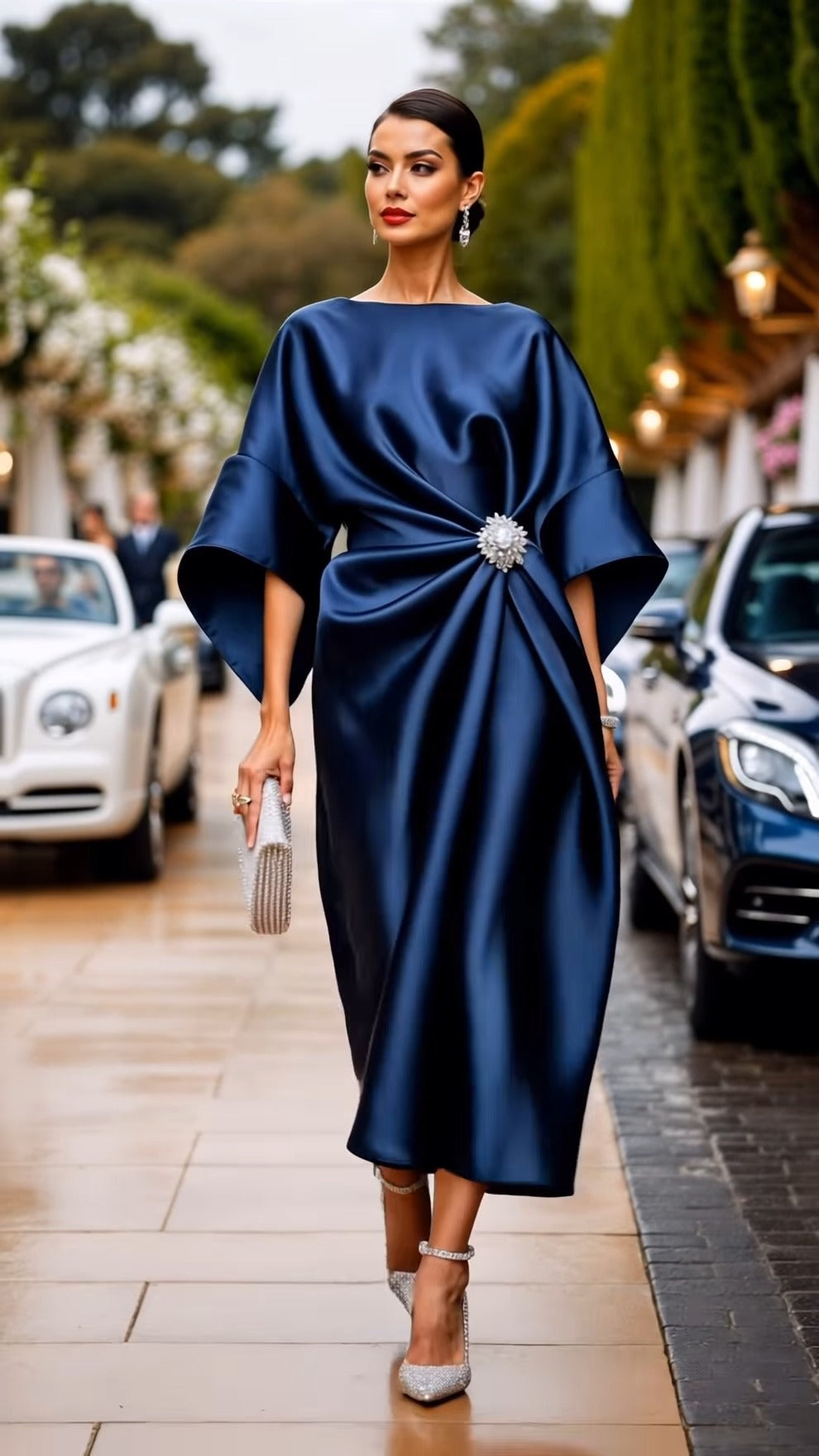 Satin Boat Neck Twist-Front Midi Dress