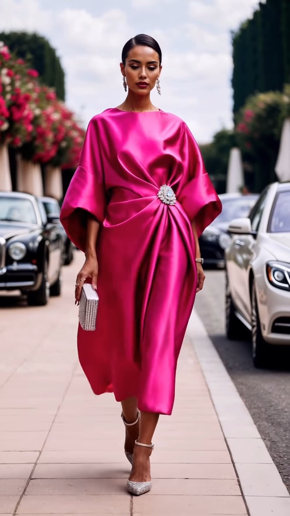 Satin Boat Neck Twist-Front Midi Dress