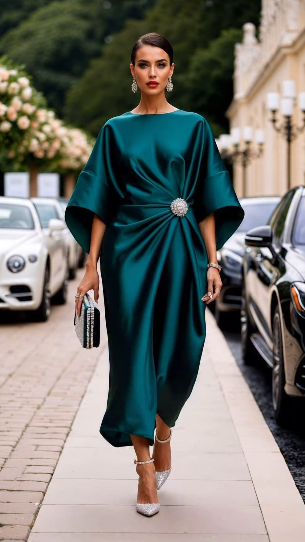 Satin Boat Neck Twist-Front Midi Dress